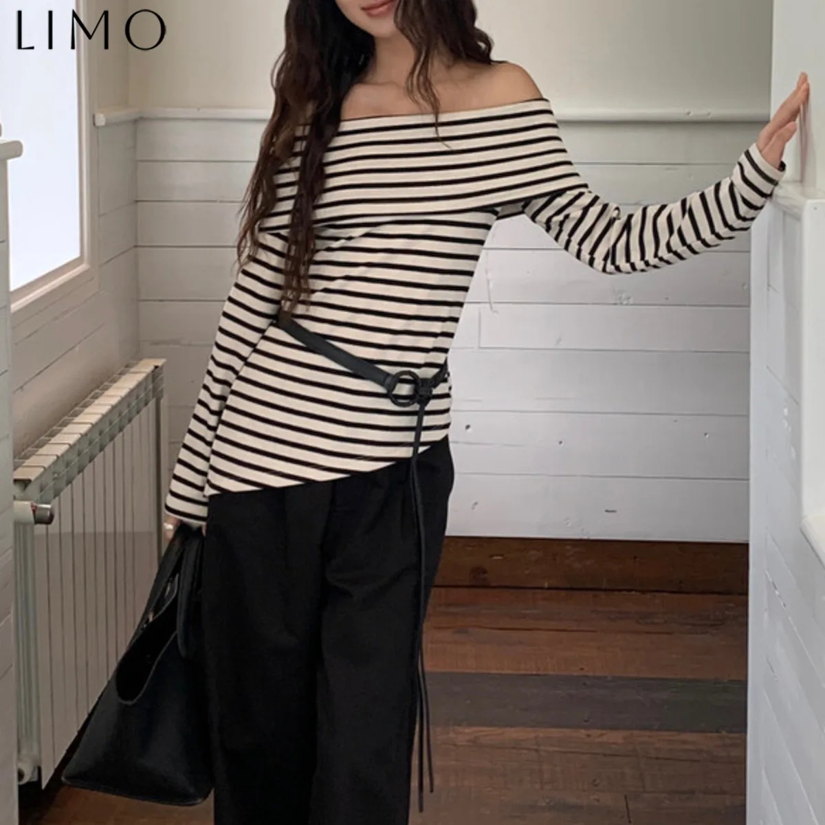 

LIMO Korean Off Shoulder Sweater Striped Long Sleeve Knit Top with Removable Belt Casual Loose Fit Pullover for Spring Autumn