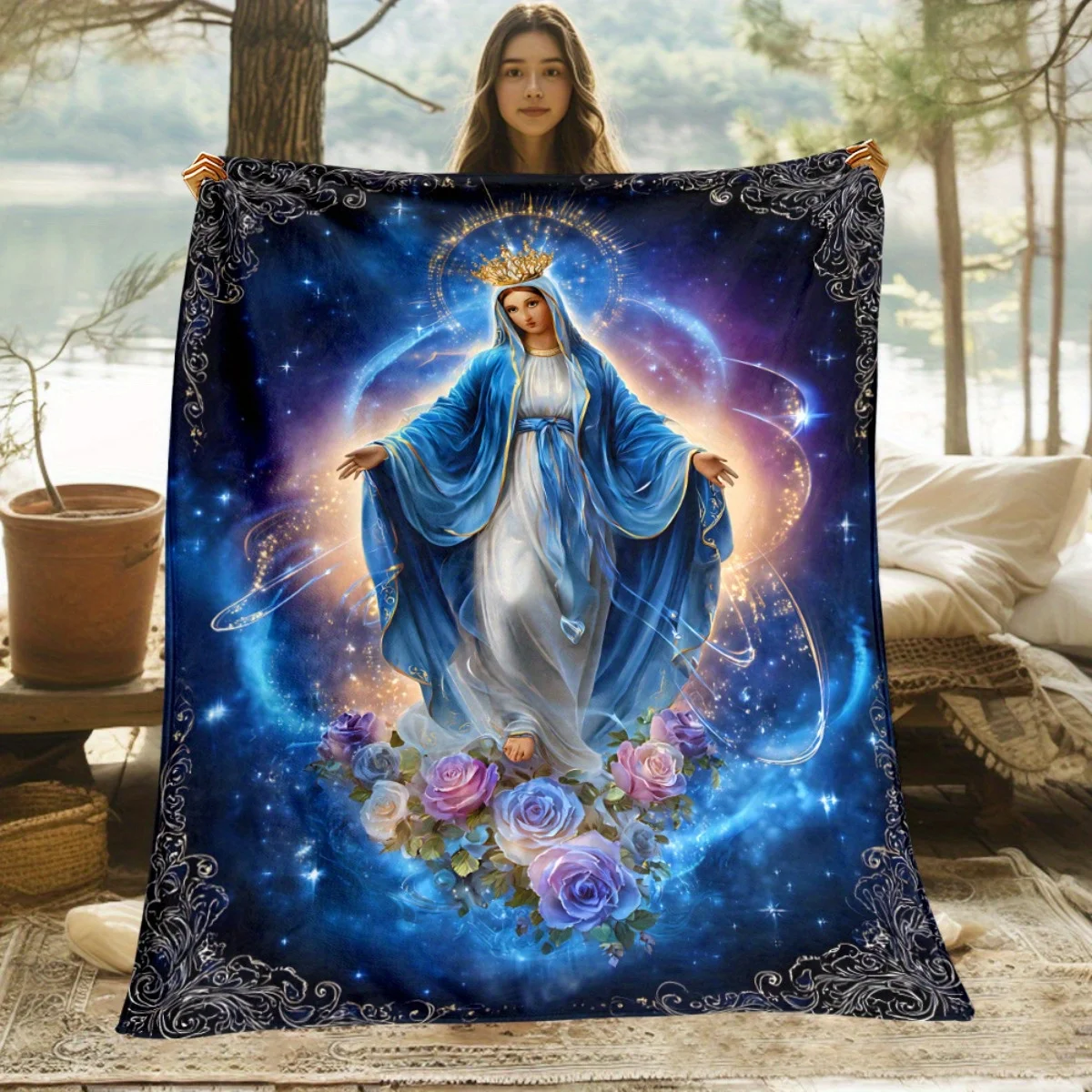 

1 Virgin Mary Religious Blanket - Extra Large Soft Flannel Shawl with Virgin Mary and Jesus Christ Pattern, Dark Blue and Gold