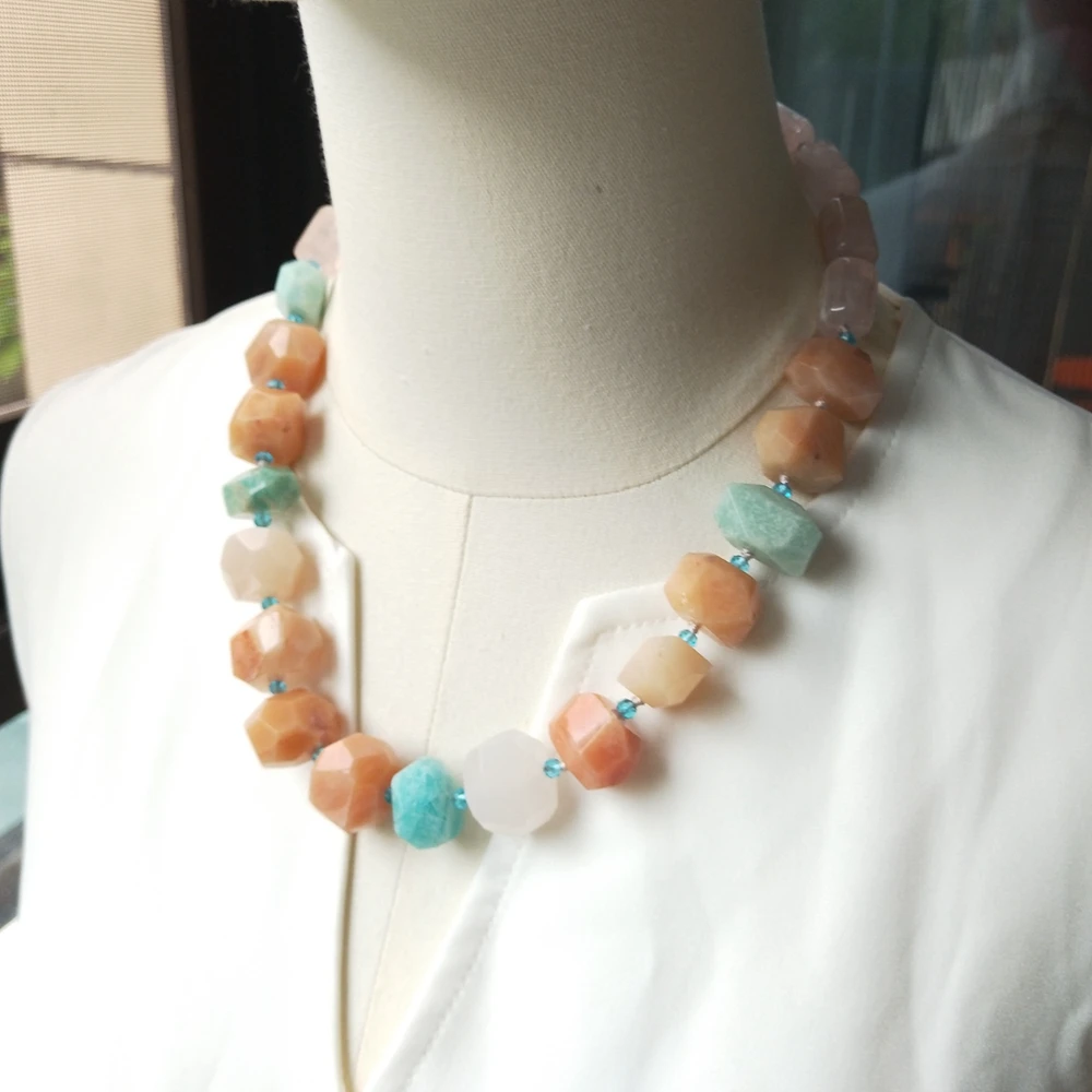 Lii Ji Real Stone Necklace Rose Quartz Peach Aventurine Amazonite 52cm Women Necklace Jewelry Gift