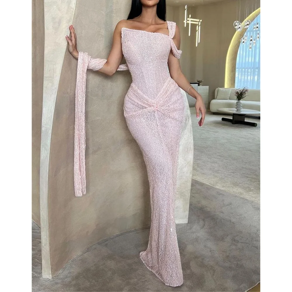 

High-end Pink Women Prom Dresses Waist Pleasted Mermaid Sexy Shinning Floor Length Evening Party Dress