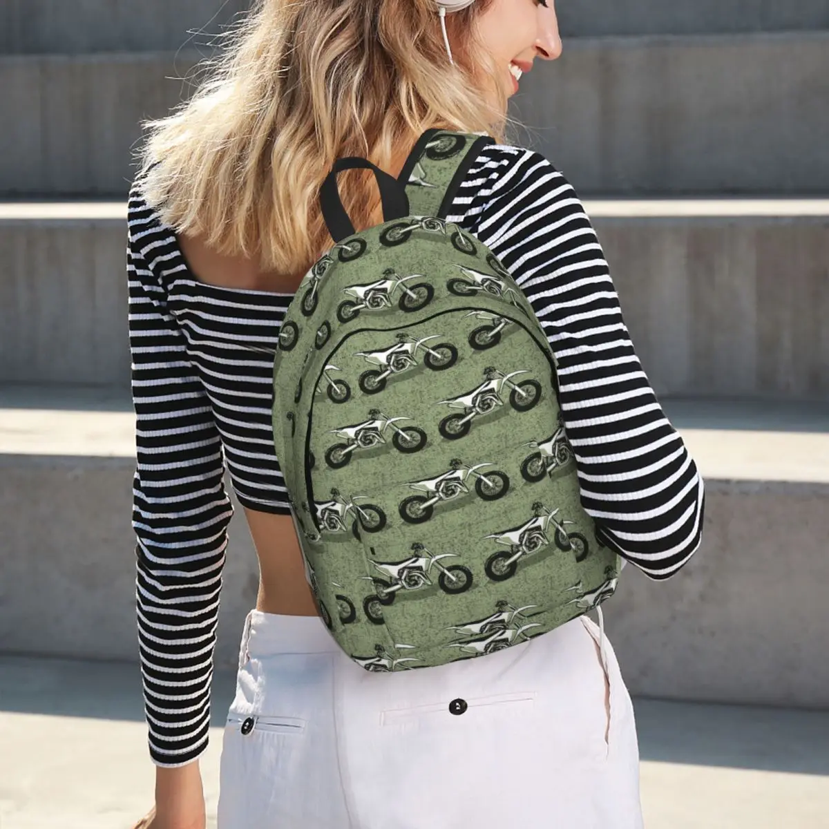 Motocross Monochromatic Sage Green And Black White Motorcycles Backpack Student BookBag Children School Bag Laptop Shoulder Bags