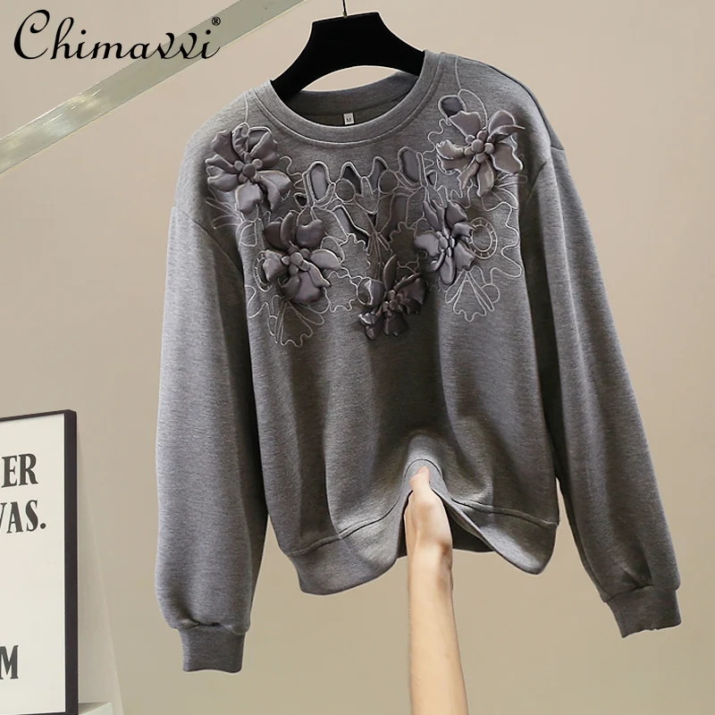 

Fashion Heavy Three-Dimensional Flower Sweatshirt for Women New Autumn Long Sleeve Loose Elegant Round Neck Pullover Top