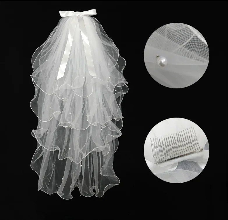 Cheap Wedding Veil Beaded Pearls  Tulle Bride Bridal Four Layer Ivory Accessories Veils