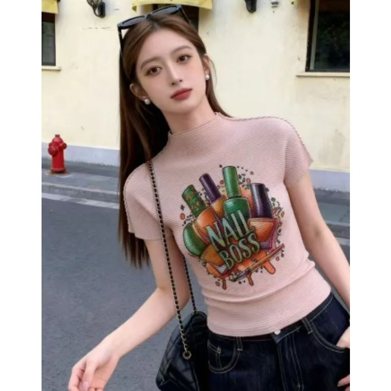 

Miyake Pleated T-Shirt Plisse 2026 Summer New Nail Polish Print Niche Personality Casual Pleated Fashion Slim Fit Top for Women