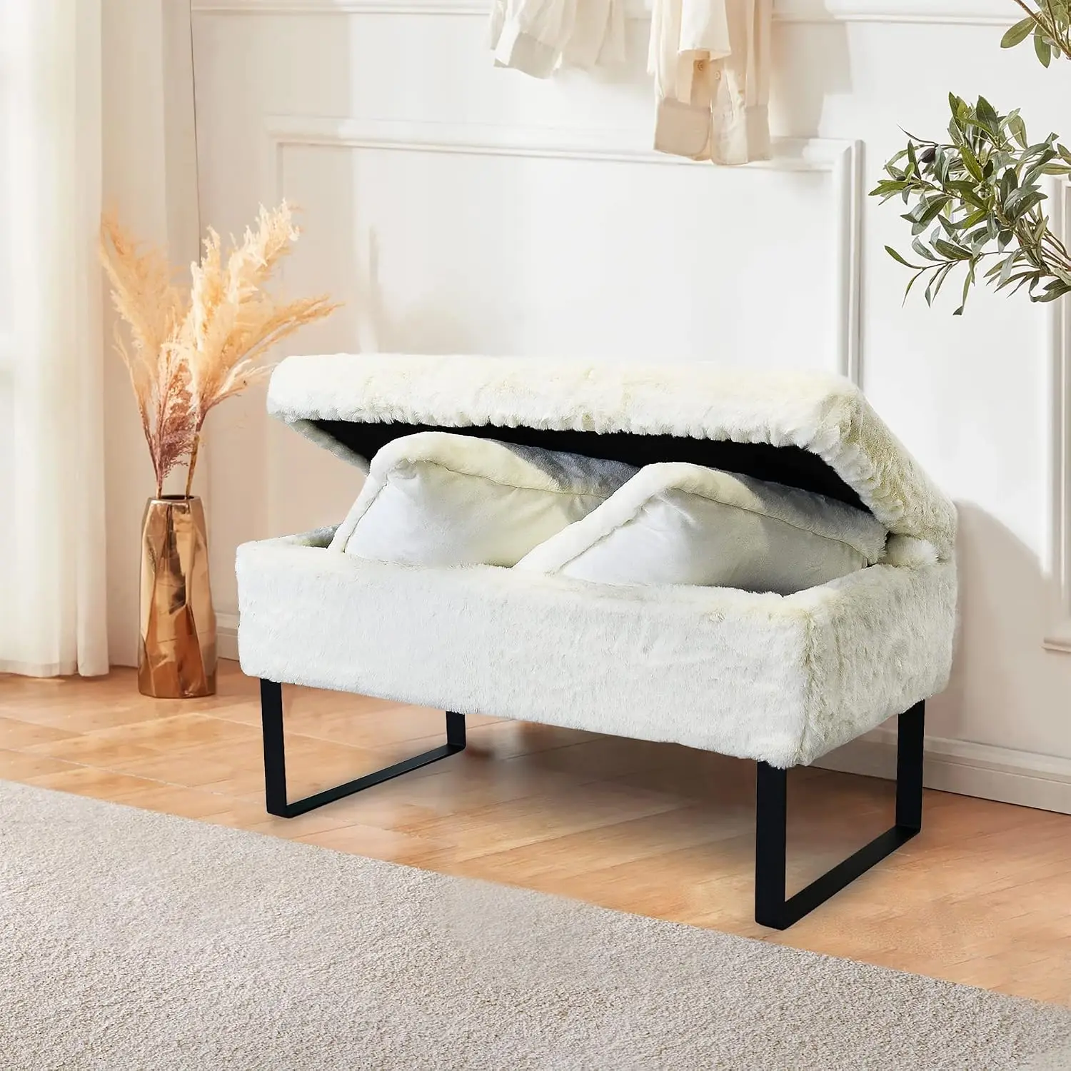 White Soft Faux Fur Storage Ottoman Bench Foot Rest 35