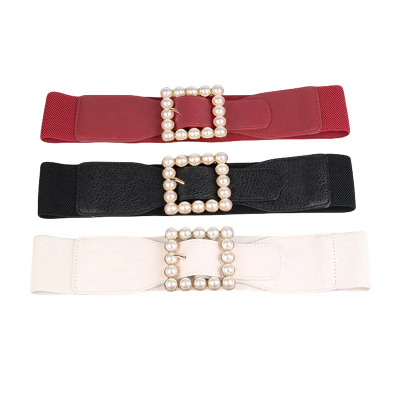 New pearl wedding belt Stretch bride waistbands fashion pin square buckle waist seal dress cummerbunds black elastic wide belts