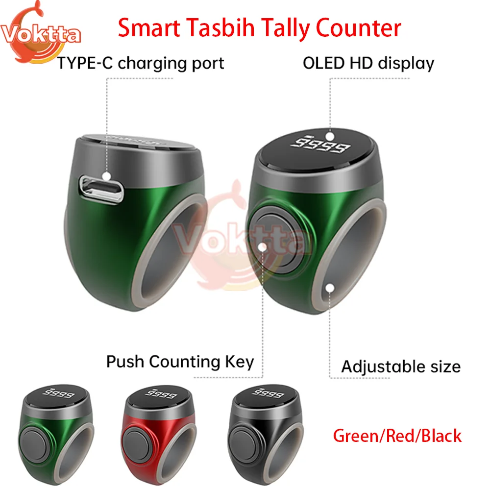 Smart Tasbih Tally Counter Type-C Rechargeable High-quality Muslims Zikr Ring Type Button Counter Prayer Time Vibration Reminder