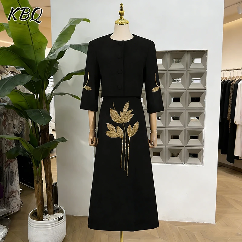 

KBQ Embroidery Two Piece Set for Women round Neck Half Sleeve short Top High Waist A Line Skirt Temperament Slimming Suit Female