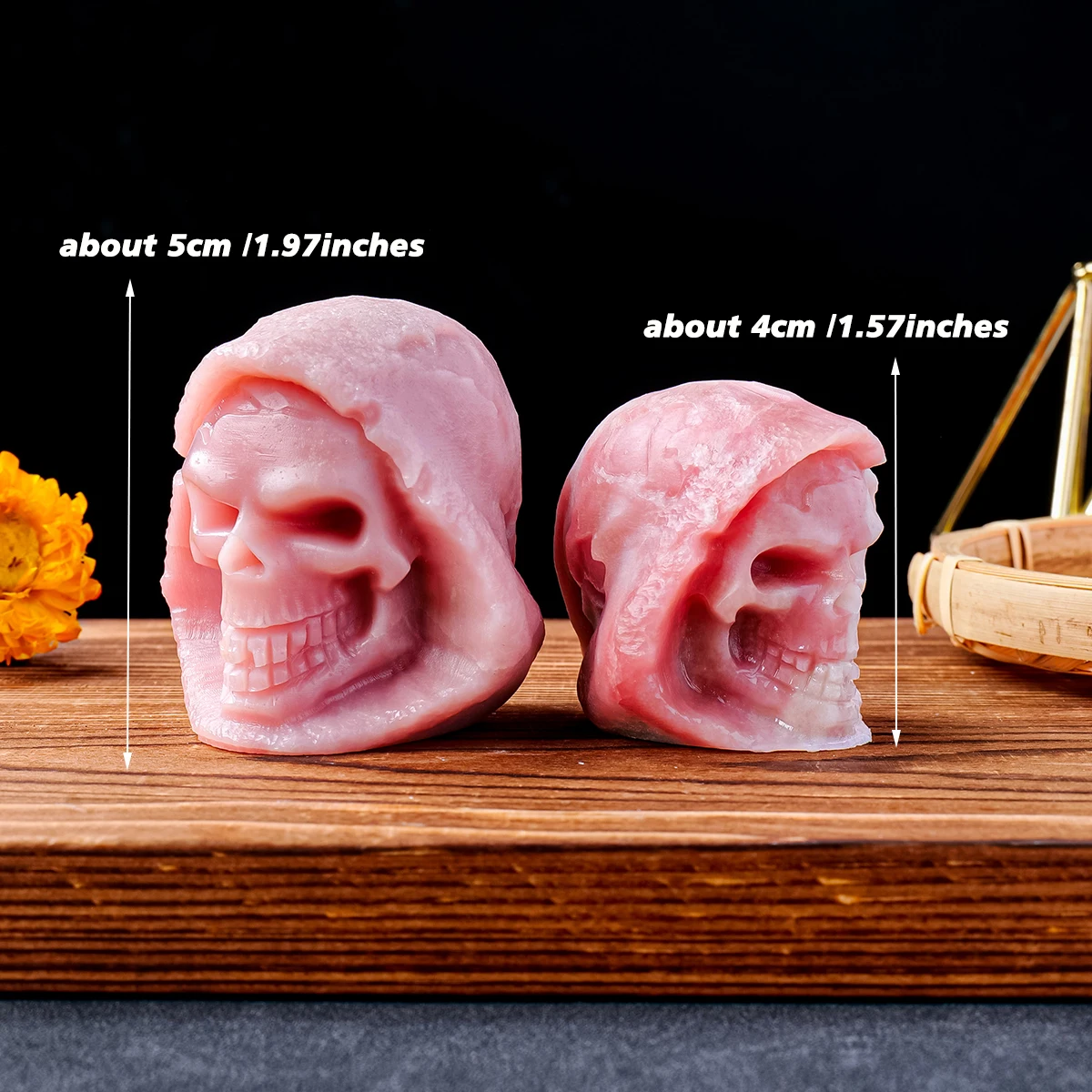 1PC Crystal Pink Opal Grim Reaper Carving Piece Raw Polished Halloween Skull Statue Decorative Ornament