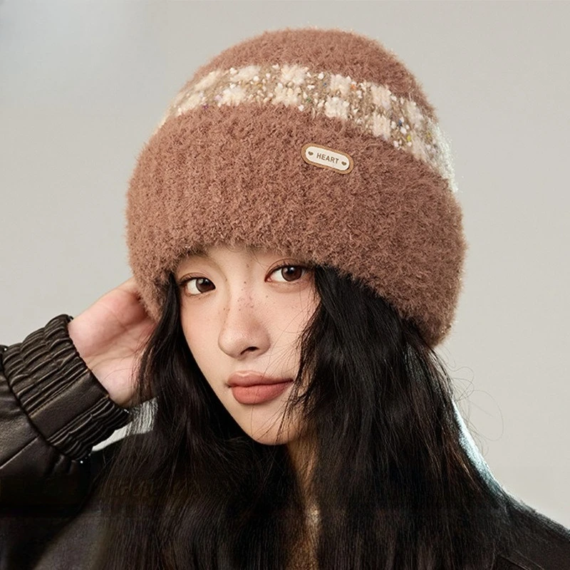 Hat Winter New Color Matching Plaid Thickened Knitted Hat Korean Version Versatile Velvet Ear Protection Small Thermal Hat