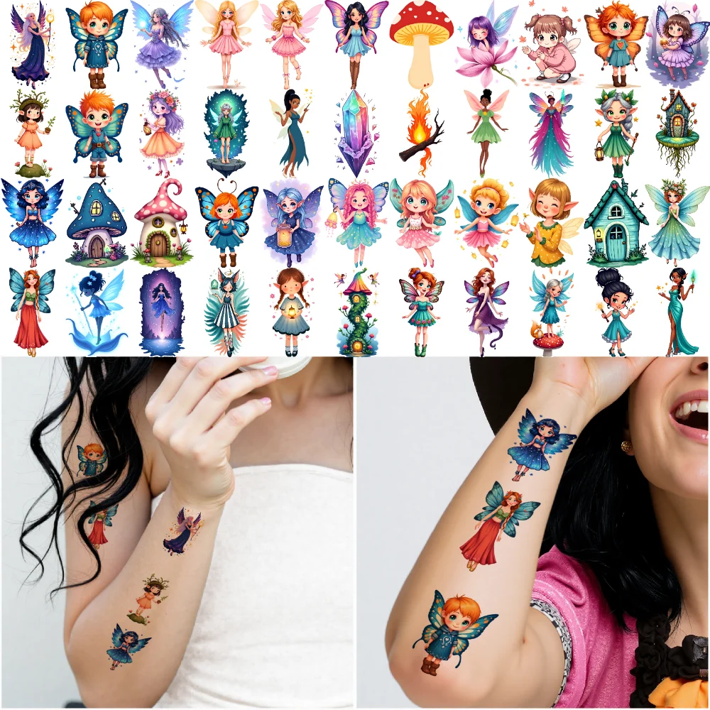 63 قطعة من ملصقات الوشم المؤقت الجنية، ملصقات منزلية كرتونية، ملصقات وشم مؤقتة للفتيات والبالغين