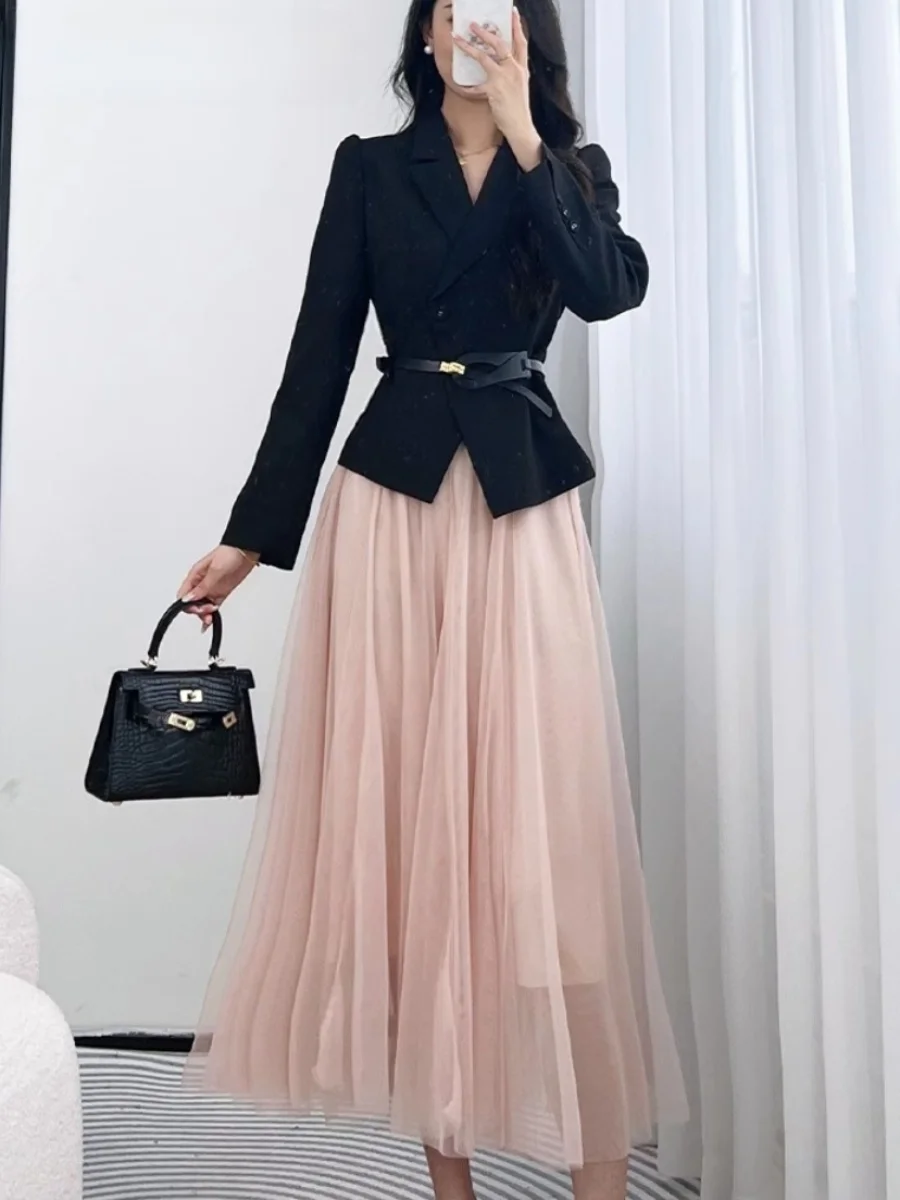 

Костюм-двойка Hebe Style: Профессиональный пиджак и юбка-сетка средней длины, осенняя коллекция, премиум-класс, улучшенная версия