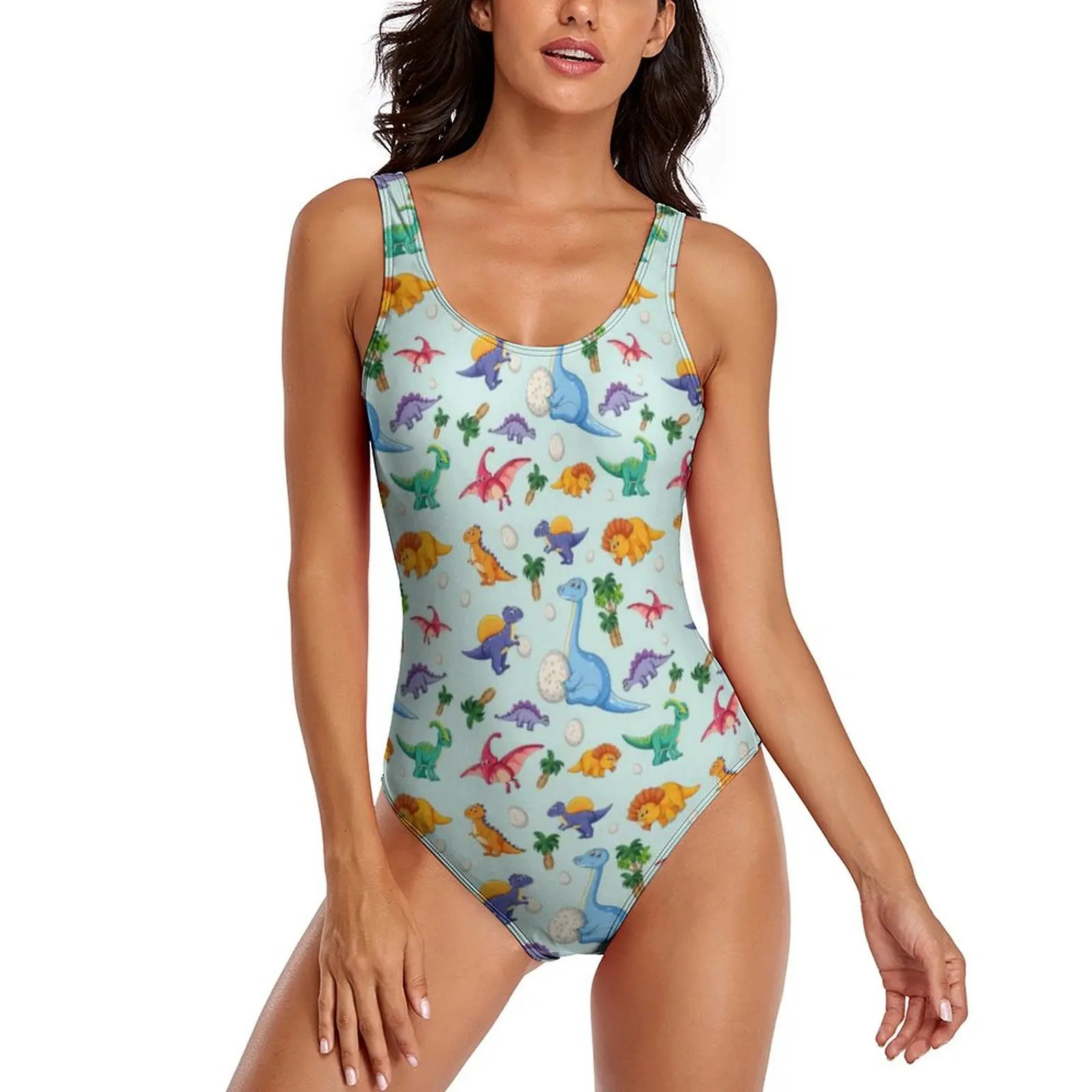 Traje de baño de dinosaurios bonitos, traje de baño Sexy de dibujos animados de dinosaurios en la jungla para mujer, trajes de baño Vintage de una pieza, ropa de playa recortada con realce para Fitness
