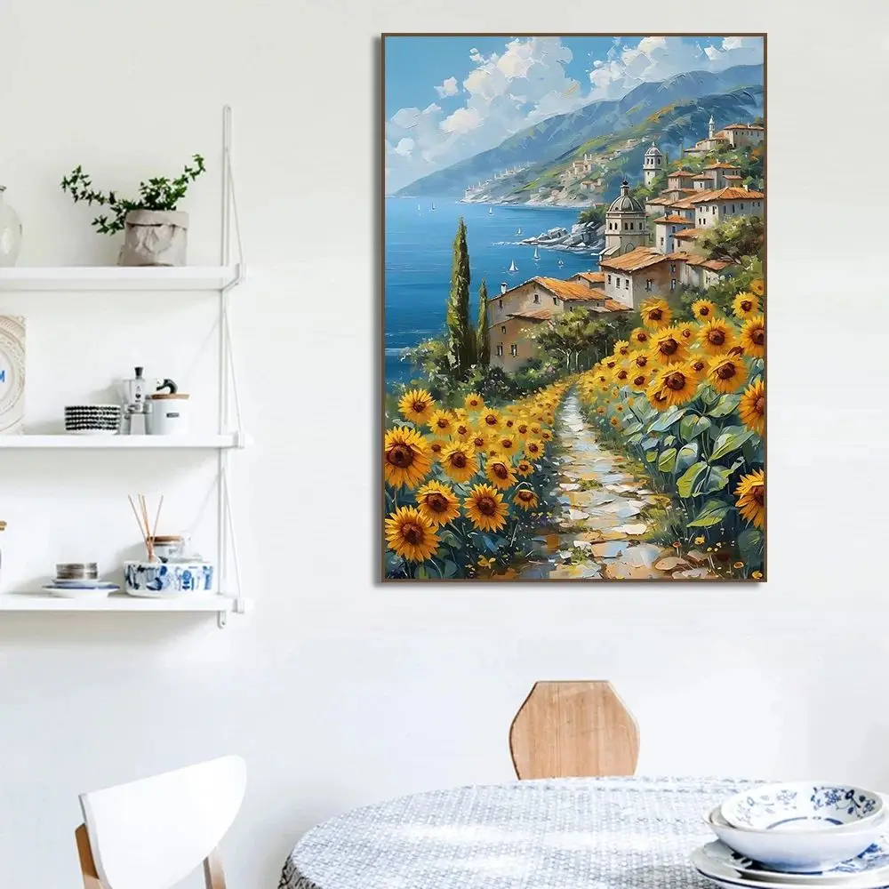 قرية البحر الأبيض المتوسط قارب ساحلي شاطئ البحر المشهد حقل الأزهار كوخ المشارك قماش اللوحة طباعة غرفة المعيشة ديكور المنزل