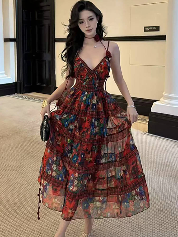 

2025 New Floral V-Neck Sexy Sling Long Dress Summer Beach Style Elegant Casual Holiday Dress Women Korean Fashion Bodycon Dress