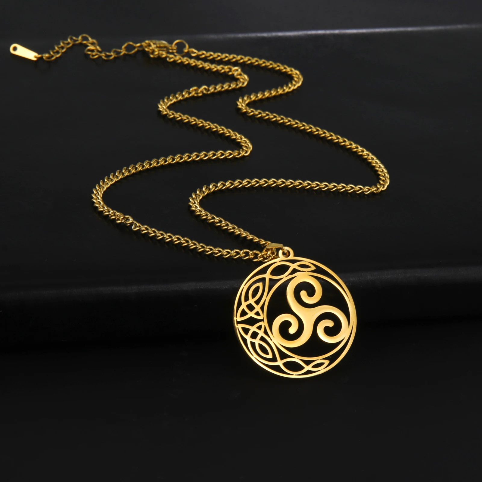 LIKGREAT Viking Celtic Moon Pendant Necklace Crescent Spiral Triskele Triangle Necklace Amulet Stainless Steel Men Women Jewelry