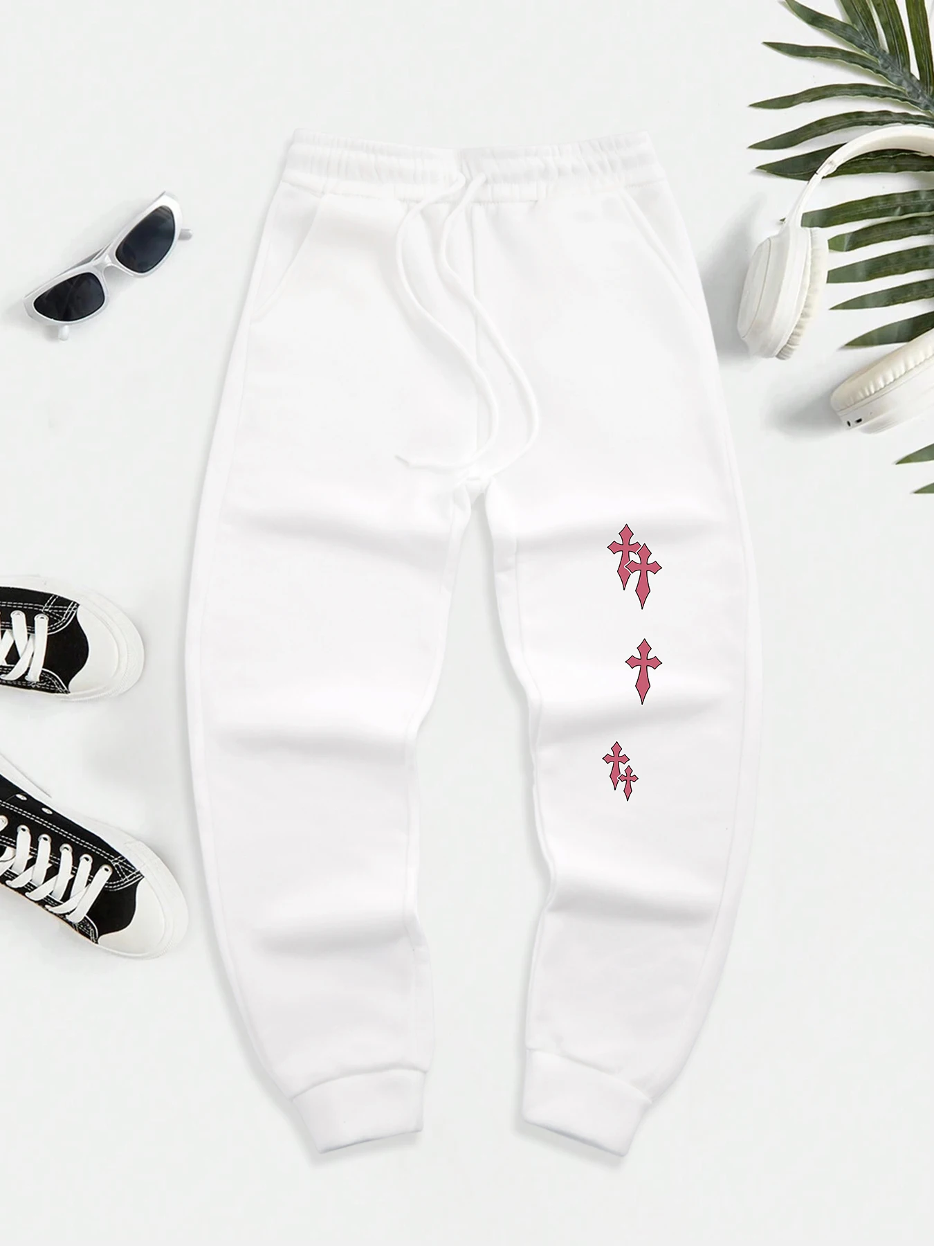 

Creative Pink Cross Print Drawstring Pocket Jogging Pants Men Comfy Casual Sweatpants Fleece Warm Vintage Sportpants Autumn