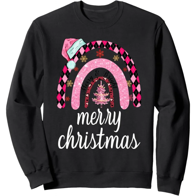 

Merry Christmas T-shirt rainbow Santa Claus pattern Pink Panther women's long sleeve sports shirt