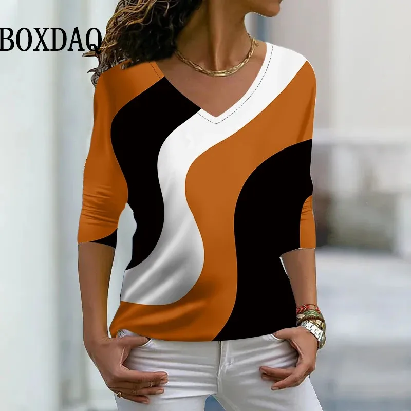 2024 New Spring T Shirt Women Fashion Street V-Neck Tees Loose Clothes Casual Striped Printed Shirts Long Sleeve Oversized Tops