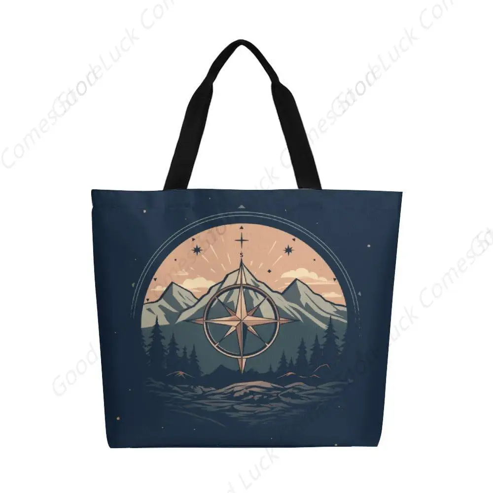 

Beautiful Mountain Compass Canvas Tote Bag Large Women Casual Shoulder Bag Handbag Reusable Beach Shopping Grocery