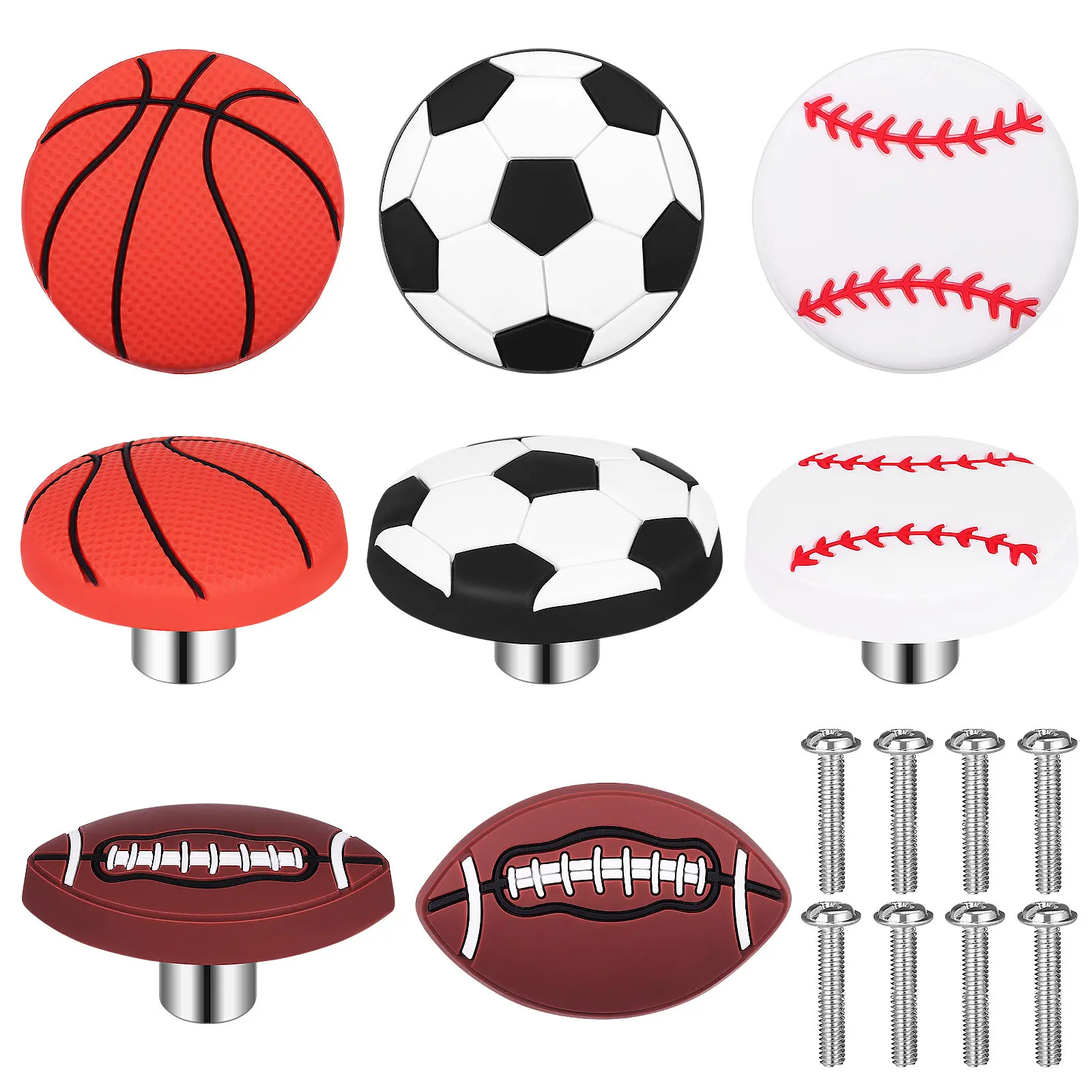 8Pcs Sports Themed Dresser Knobs Set Basketball Soccer Football Kids Drawer Handles for Vanities Cabinets Wardrobes Bedroom