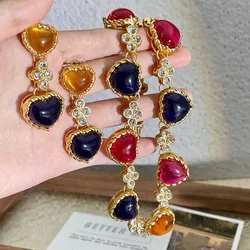 Medieval temperament color jelly glass love earrings clavicle chain