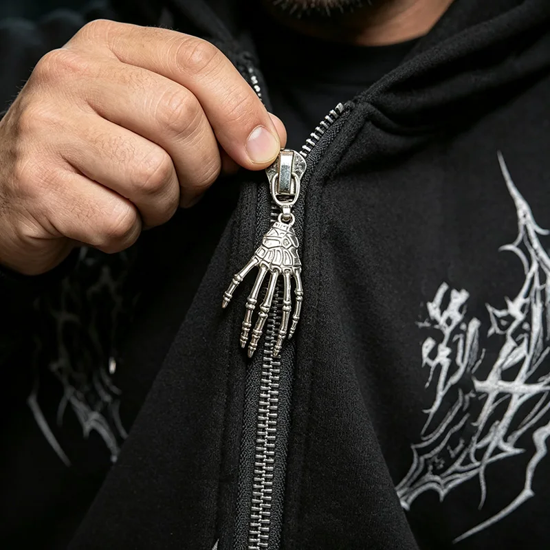 Herren Alt Gothic Zip-Up Hoodie Y2k High Street American Style Dunkler Dornen-Print Fleece-gefütterter Loser Biker Herbst-Winter-Sweatshirt – Detail 9