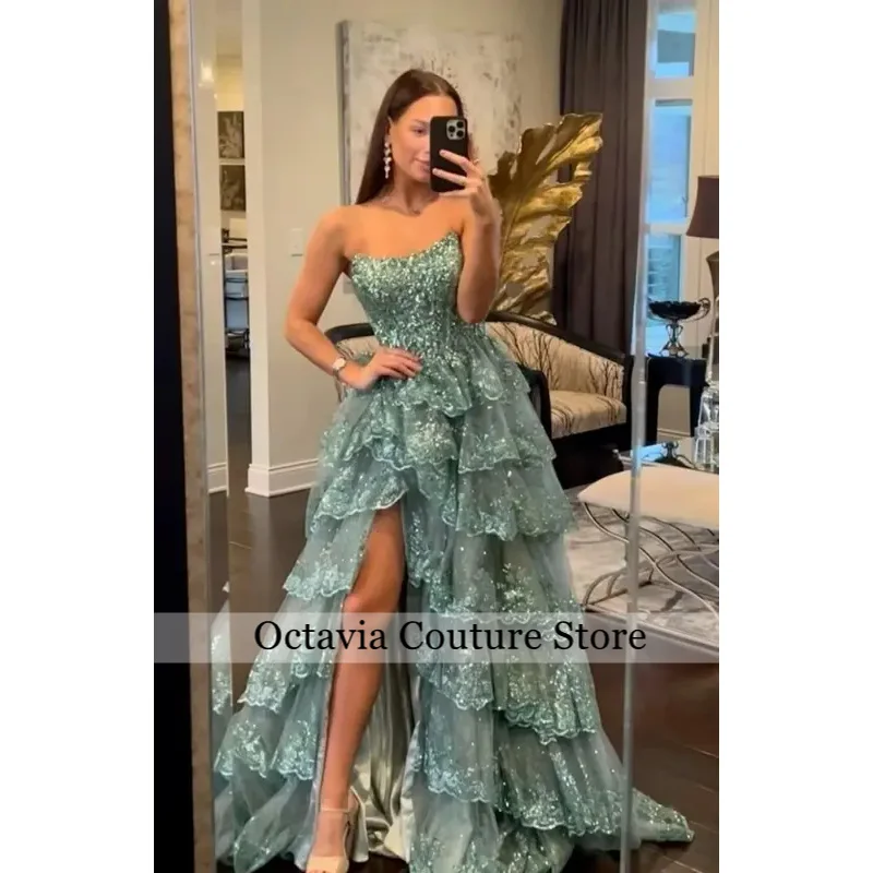 

Customized Strapless Lace Tulle Tiered Prom Dress Sparkly Sequin With Slit Bridesmaid Dresses Corset Formal Evening Party Gowns