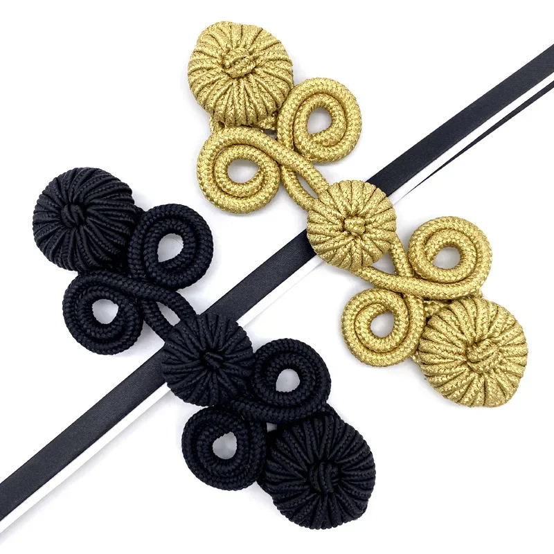 Chinese Frog Closure Knot Button Fastener for Cheongsam, Tang Suit Decoration, DIY Sewing Button, Gold and Black, 1 Pair