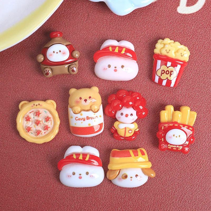 SW35 10Pcs Cartoon Pizza Rabbit Fries Flatback Resin Scrapbooking Phone Charm Accessories DIY Food Craft Supplies Decoration