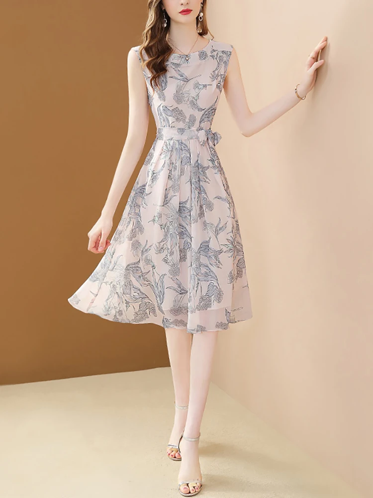 Chiffon Print Dress Summer New Women O-Neck Sleeveless Lace Up Elegant A-Line Slim Pleat Dress Office Lady Vestidos