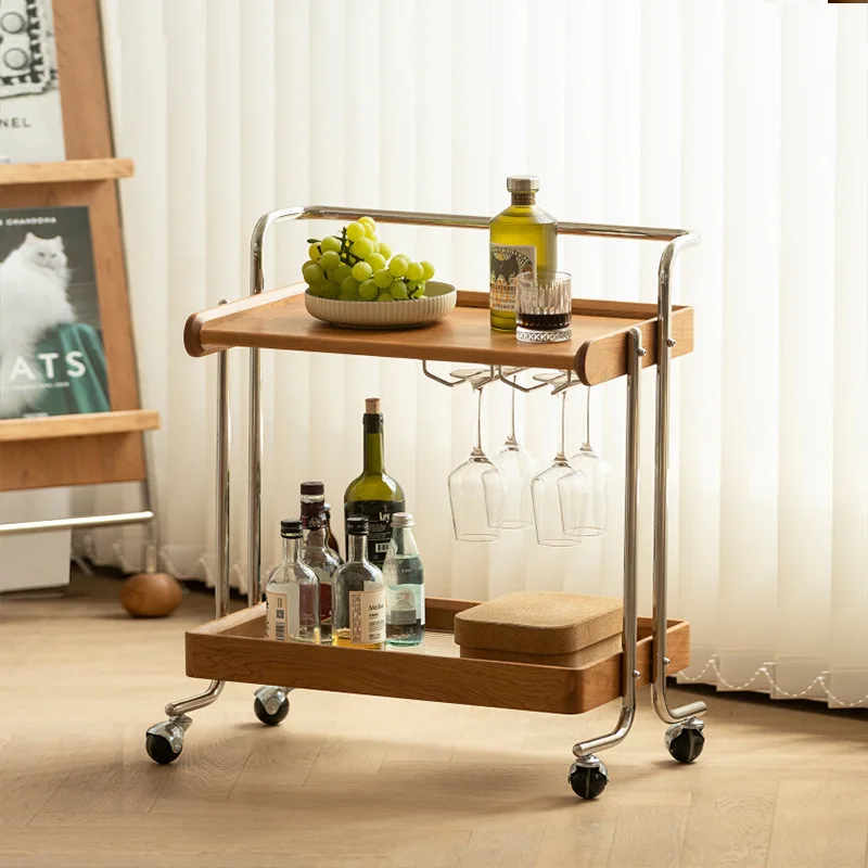 Medieval Trolley Solid Wood Edge Few Living Room Storage Coffee Table Sofa Mobile Cart Cherry Wood Rack
