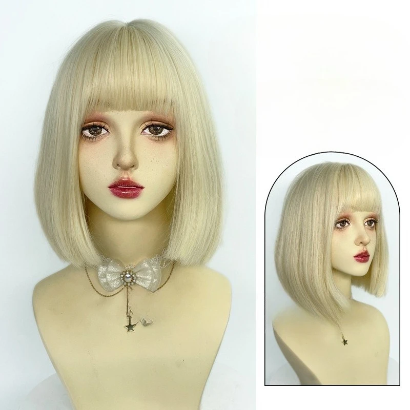 

Wig Short straight hair Bobo head with inner buckle, natural fashion Glacier blue full head cover air bangs wig