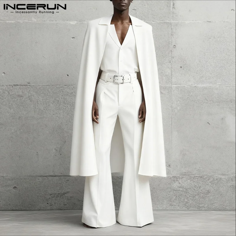 INCERUN Men Sets Solid Color Lapel Long Sleeve Long Style Cloak Blazer & Pants 2PCS Streetwear Loose Fashion Men's Casual Suits