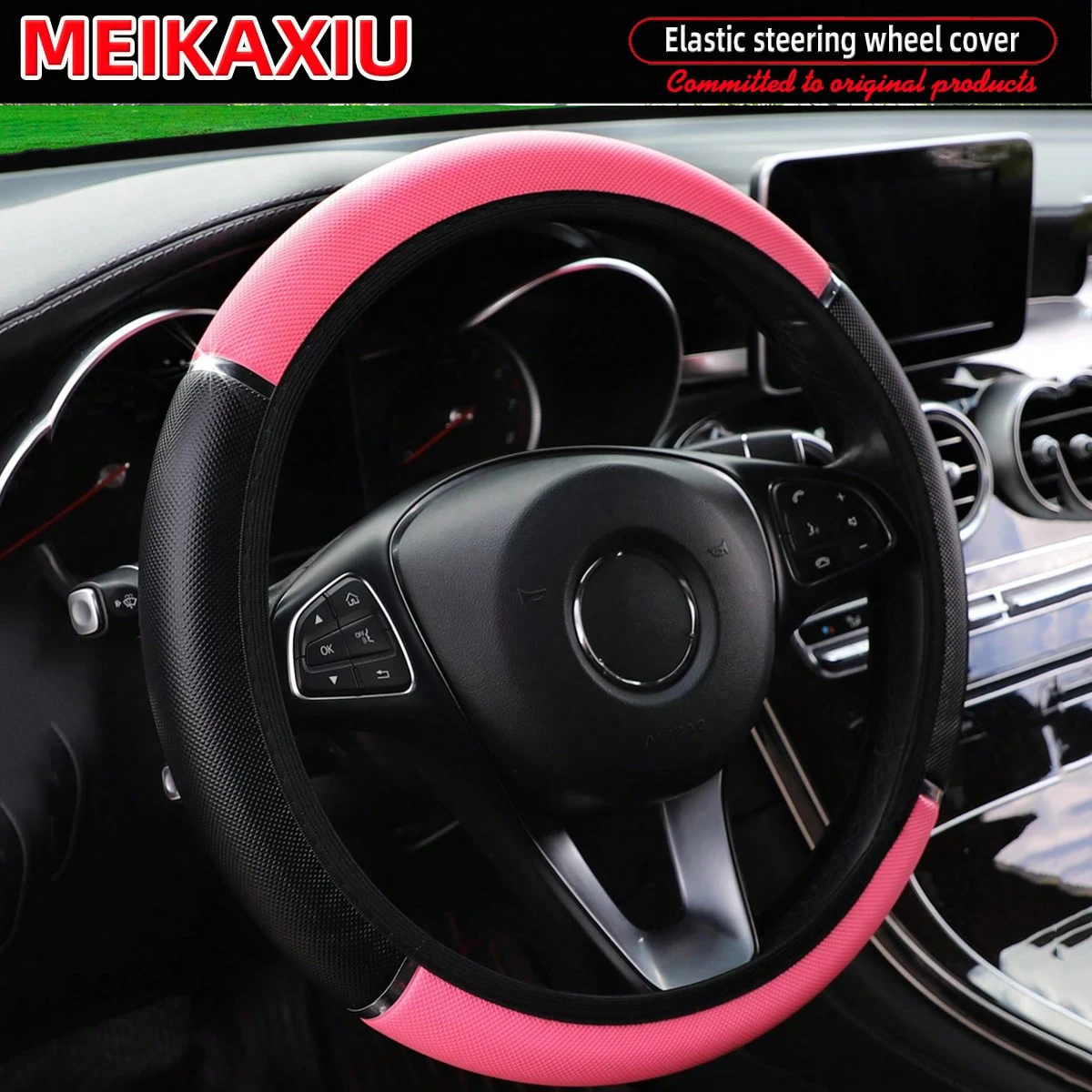 Glänzender PU-Leder Metall-Stretch-Lenkradbezug für Frauen Auto-Dekoration Rahmenlos 14,5-15 Zoll – Detail 8
