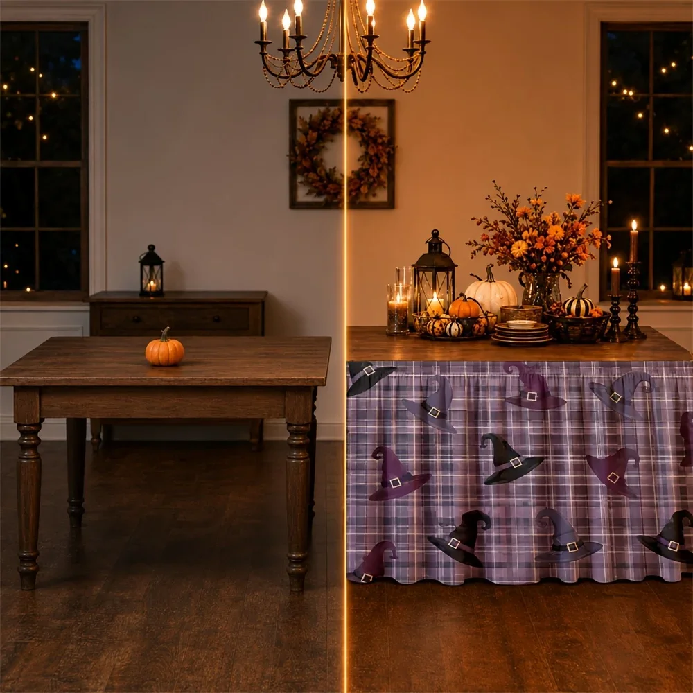 Table skirt / tableskirt - purple check pattern - wizard hat - Halloween - fantasy style - autumnyzb