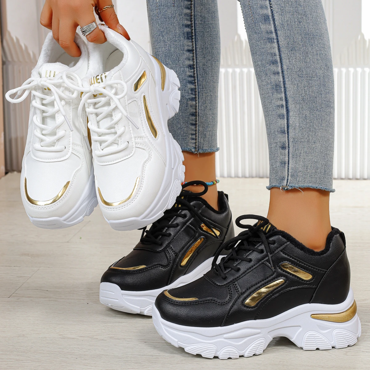 Women's Fashion Casual Platform Sneakers 2025 Autumn and Winter New Lace-up Warm and Comfortable Daddy Shoes Zapatos Mujer