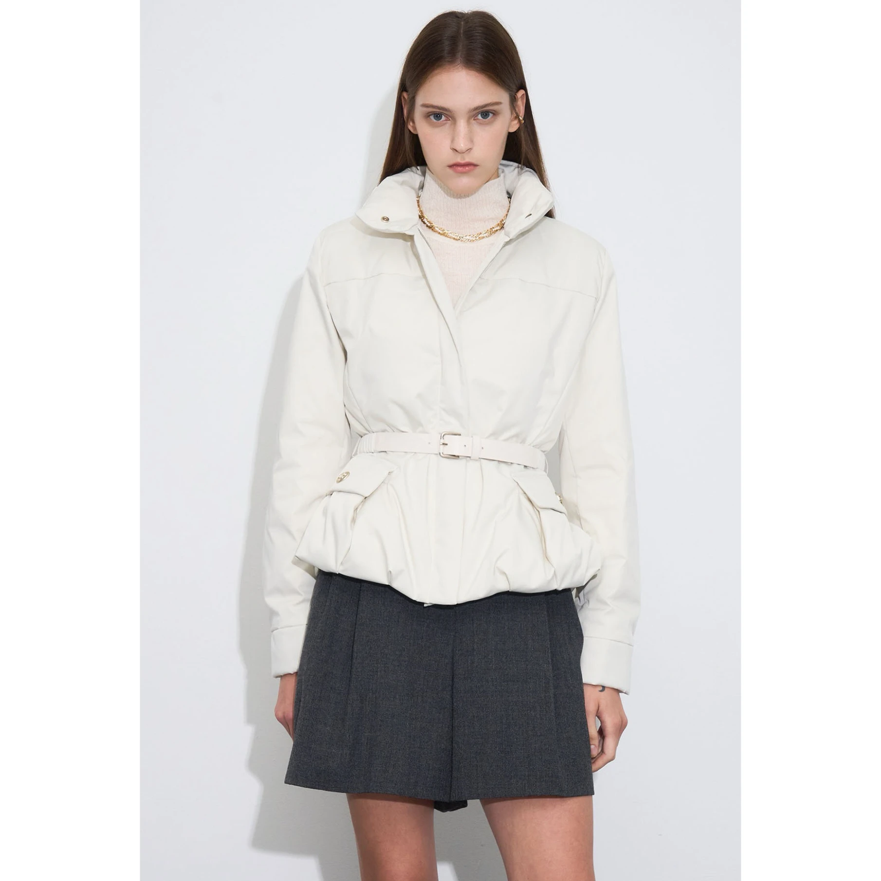 

Faionable High Collar Slim Fit Goose down Jaet Belted Two Colors Lemon Cheese OBZ25 Autumn Ladies ort Outerwear