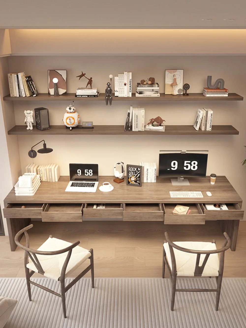 The whole wall is full of solid wood, desk, student home with drawers, bookshelf, study, double long computer desk, office workb