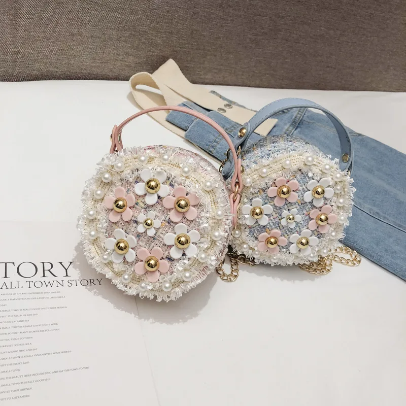 Korean Children Shoulder Bag Versatile Pearl Flower Girls Crossbody Bags Princess Cute Design SchoolBag Baby Coin Purse Handbags