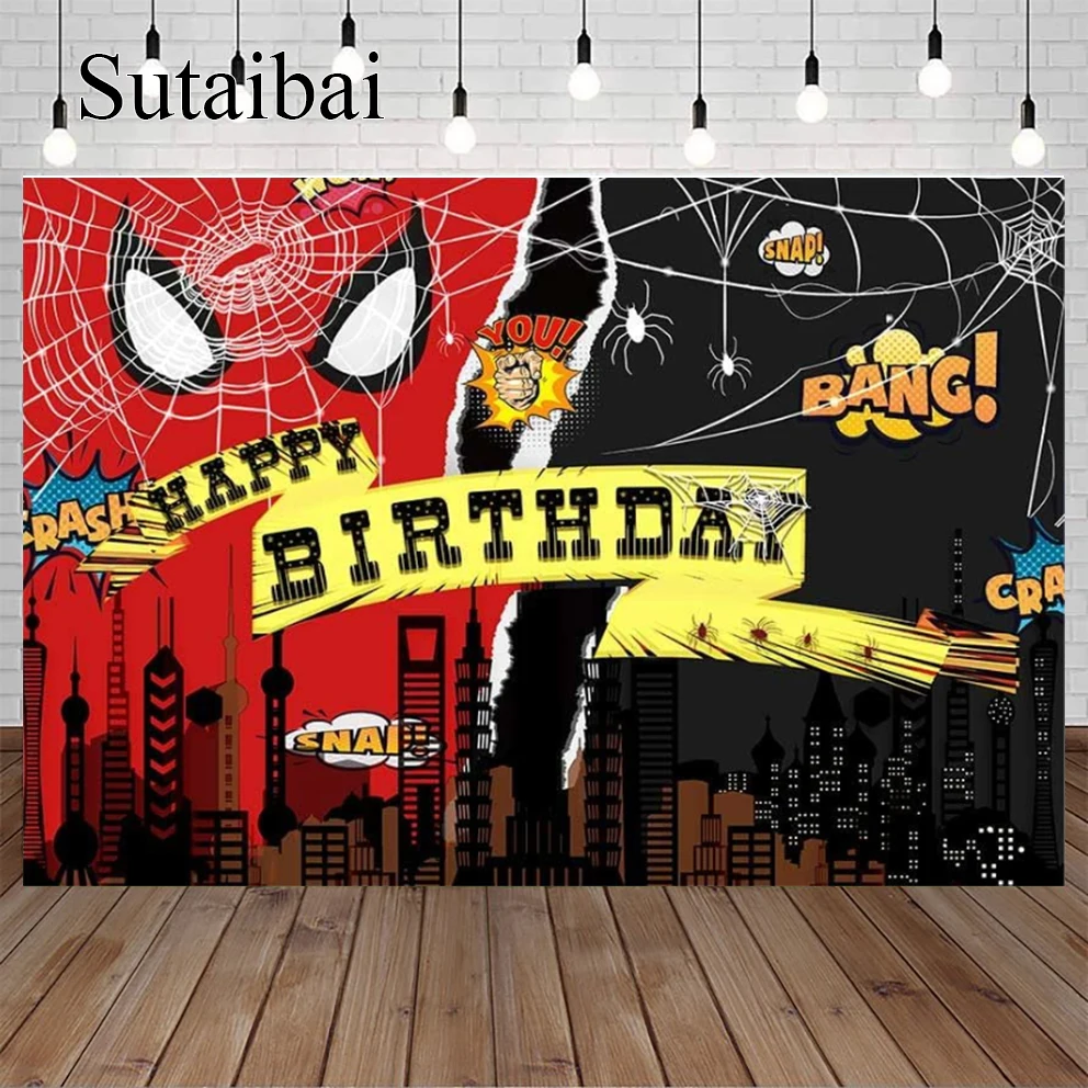 Superhero Birthday Backdrop Red Black Spider Fighting in Night Cityscape for Boys Kids Birthday Party Party Decorations Supplies