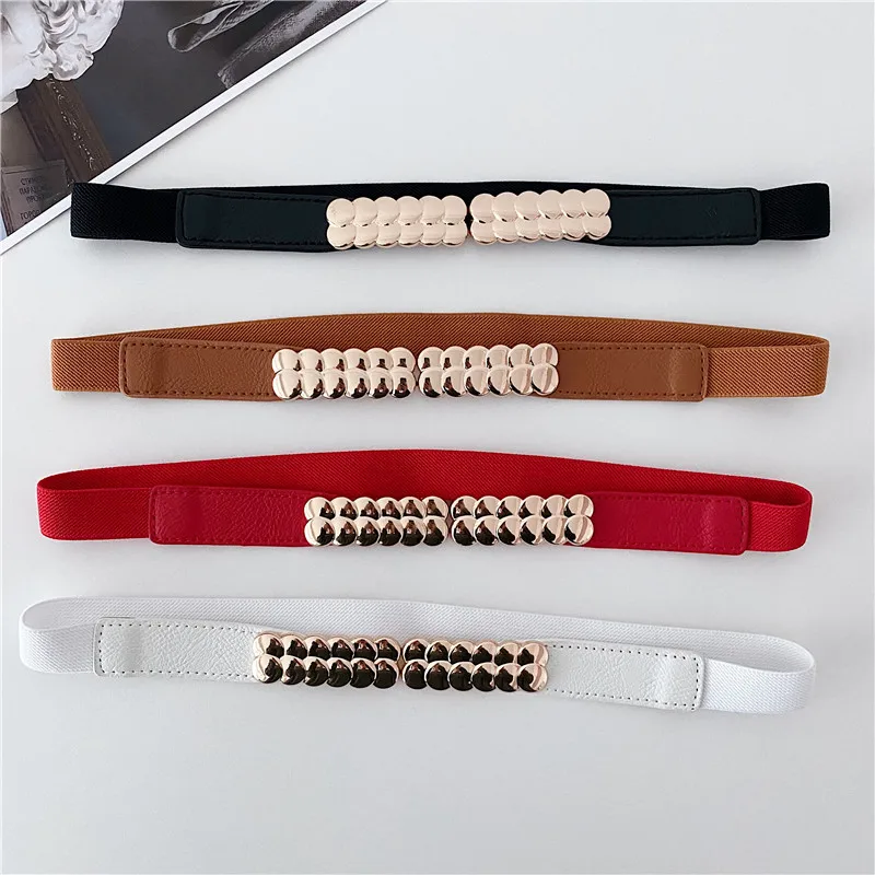 Fashion Women Belts Black Waist Seal Gold Metal Buckle Female Dress Belts Ladies Thin Stretch Waistband Gifts Party Cummerbunds