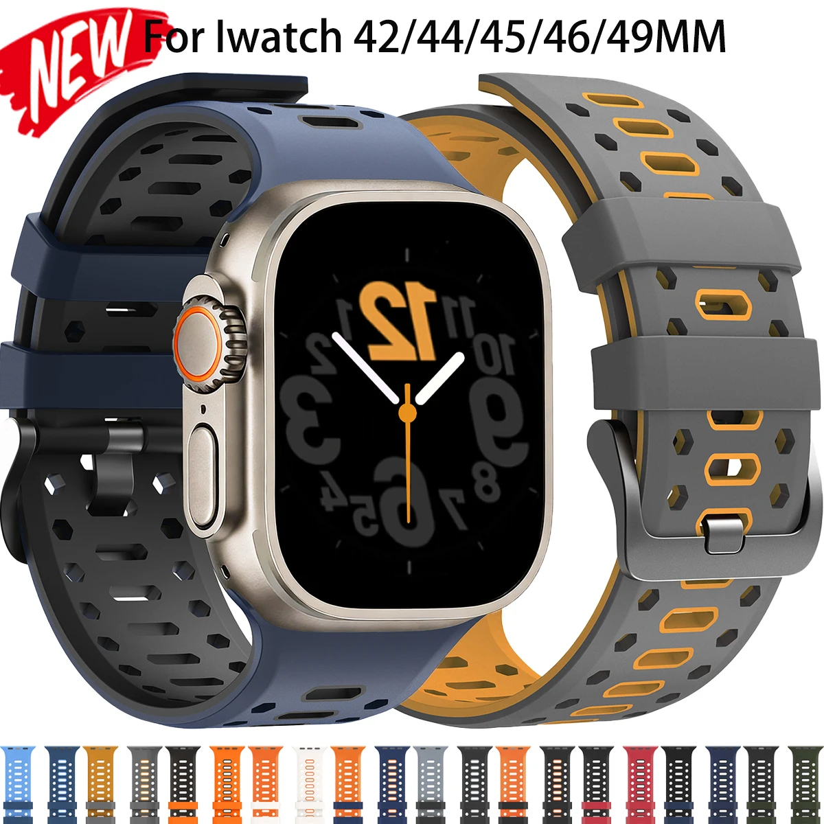 Silicone Sport Band for Apple Watch Ultra 3/2 49mm 42 44 45 S11 10 46mm  Two Tone Strap for Iwatch S9 8 7 Breathable Belt