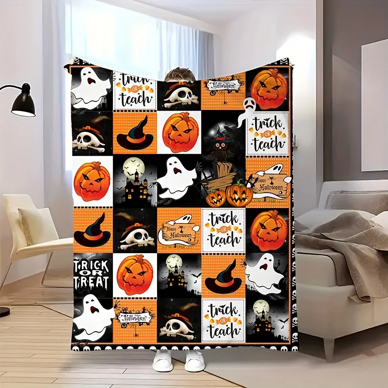 Halloween Flannel Blanket - High Quality Machine Washable Throw with Spooky Pumpkin, Bat, & Witch Hat Designs for Bed, Sofa