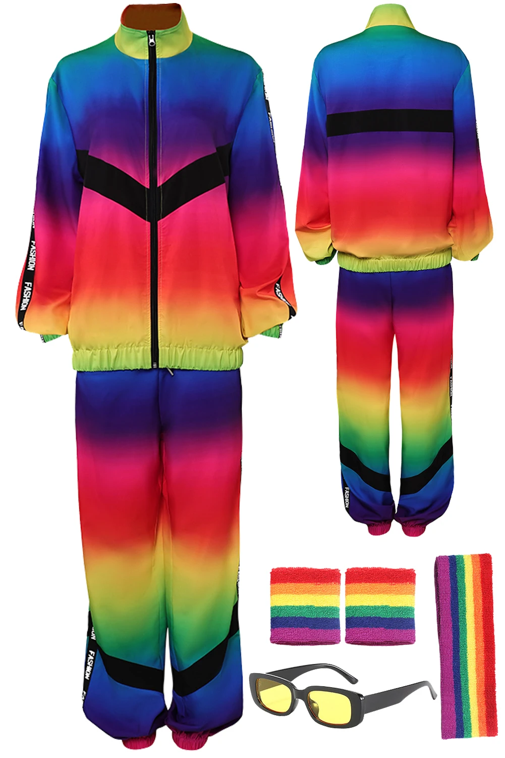 男性と女性のための偽装ディスコスポーツウェアコスチューム、ヒップホップアウト、ハロウィーンのカーニバル、カーニバルグラス、ハンドバンドスーツ、80年代