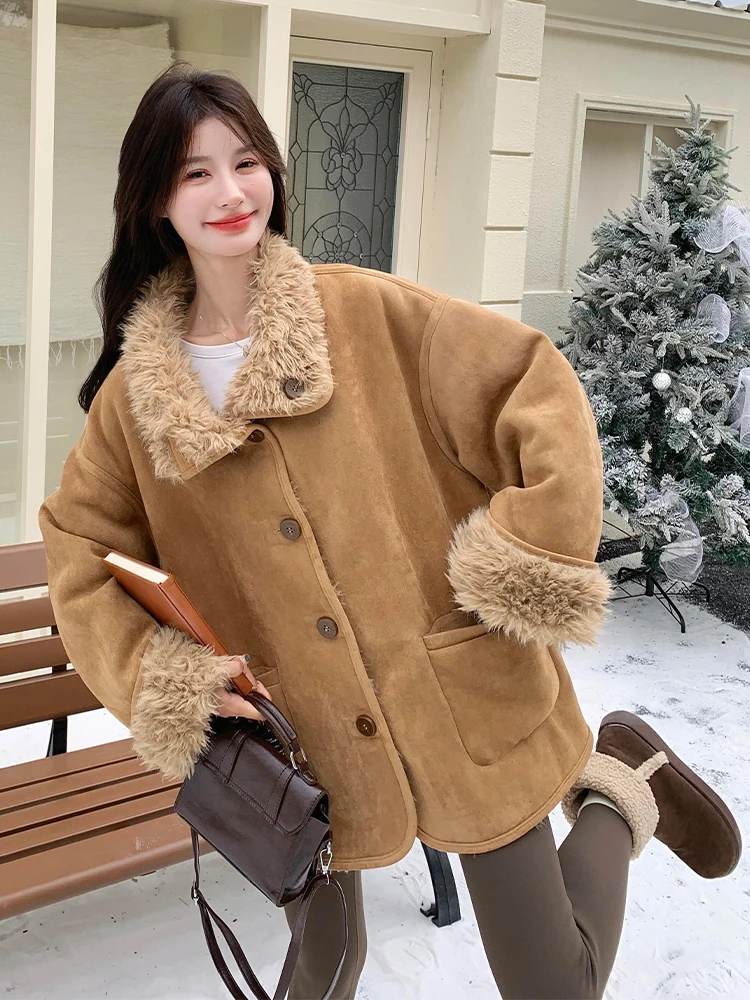 

Double-Sided Wear Lamb Fur Velvet Jacket Women's Casual Style Integrated Leather And Fur Coat Warm Fluffy Polyester Fiber