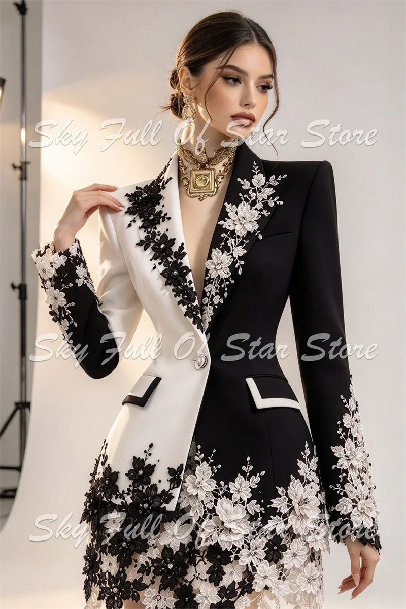 Black White Contrast Women Blazer Style Mini Dress 3D Floral Lace Applique Custom Formal Evening Cocktail Wedding Lady Jacket