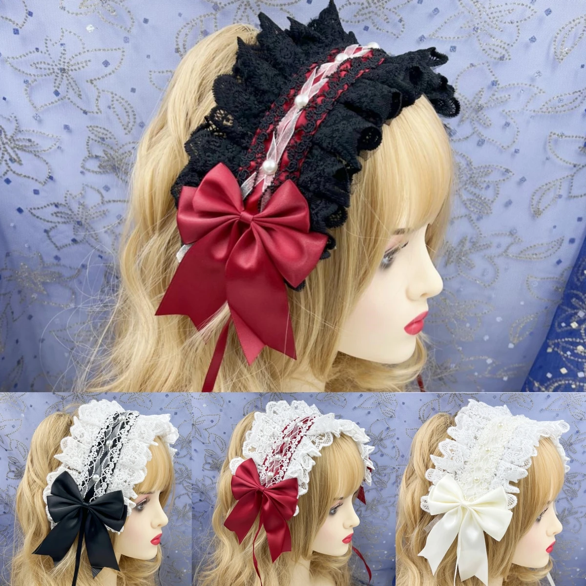 

Anime Maid Cosplay Headdress Pearl Lolita Ruffled Headband Sweet Lace Ribbon Bow Hairband with Hairpins