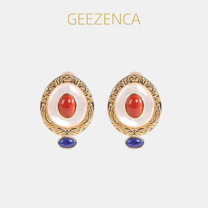 

GEEZENCA 925 Silver Gold Plated Agate Lapis Lazuli Mother of Pearl Stud Earrings Women Vintage Court Delicate Statement Earring