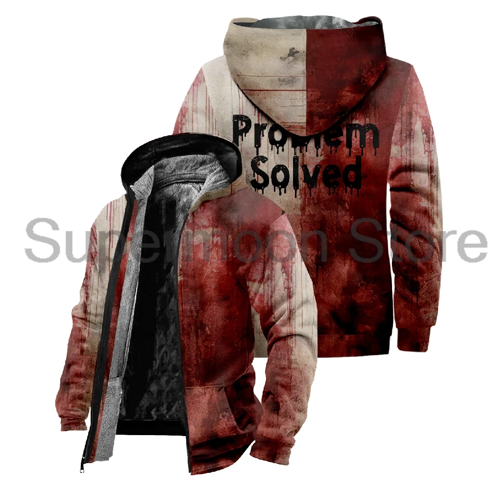 Halloween Cosplay Merch Problem Solved Bloody Zipper Hoodie Long Sleeve Streetwear Parkas Women Men Winter Jacket Coat